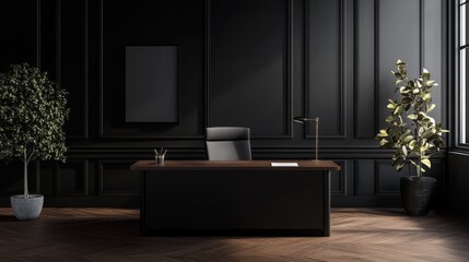 Stylish office setup, dark black desk against textured black wall, wooden tabletop, high-resolution 3D render, sophisticated workspace design, strategic negative space for product showcase