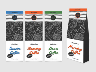 Coffee package labels showcasing dark roast and medium roast options in a minimalist design featuring hand-drawn elements