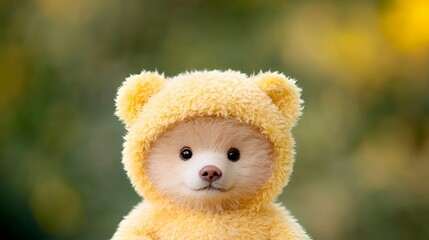 Fototapeta premium Adorable Teddy Bear Wearing Yellow Hood Smiling with Peaceful Expression in Nature