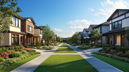 Neatly aligned row houses front view clean facades manicured sidewalks and greenery vibrant neighborhood feel wide-angle perspective. 