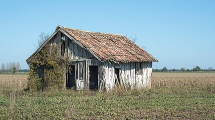 Obraz premium Neglected countryside home with leaning structure overgrown yard dull tones convey age and abandonment side angle. 