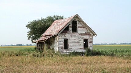 Obraz premium Neglected countryside home with leaning structure overgrown yard dull tones convey age and abandonment side angle. 