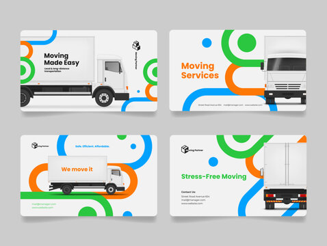 Business card templates for professional movers with modern design elements for convenient placement of reference and contact information