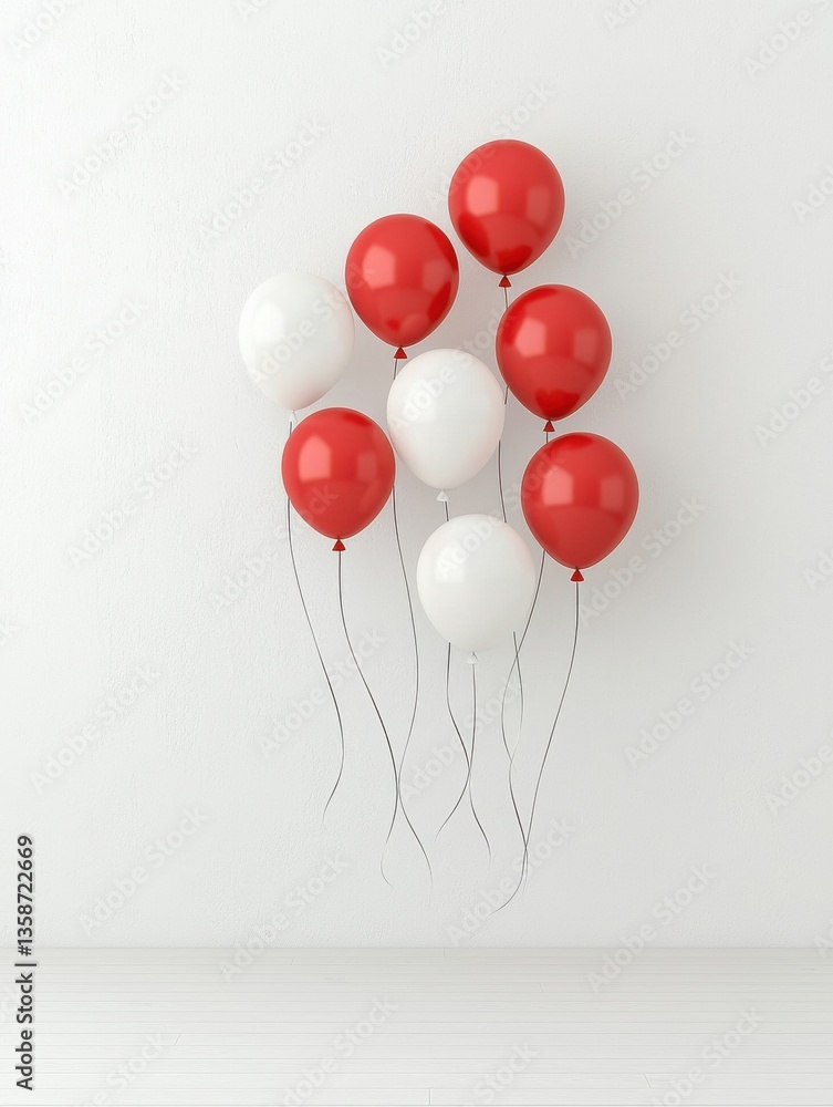 Aufkleber bunch of vibrant red and white balloons floating in a minimalist white studio background with copysp