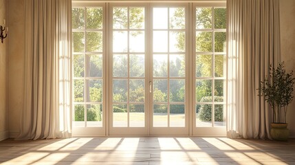 Fototapeta premium Open French doors revealing serene veranda sunlit and airy soft breeze feel warm tones in modern interior wide-angle shot. 