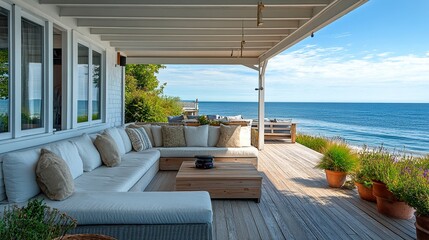 Fototapeta premium Outdoor patio with natural wood deck white-painted roof luxury sofa pillows Cape Cod summer ambiance BBQ setup modern design. 