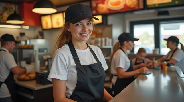 A teenager in a fast food uniform and cap, working behind the counter in a busy restaurant, taking orders. The fast-paced environment is highlighted in this dynamic scene.
