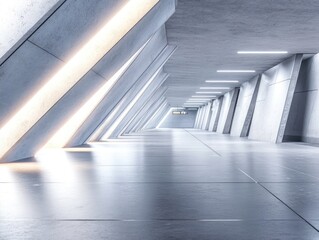 Obraz premium A detailed view of a subway station platform, with the smooth concrete floor and geometric lines of the station walls. The soft artificial lights illuminate the sleek modern design.