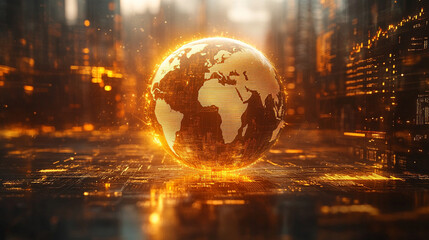 golden globe surrounded by various financial charts and symbols, representing the global influence and interconnectedness of the gold market in the modern world of economics