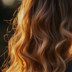Fototapeta premium Soft golden waves of long hair illuminated by warm sunlight in a serene outdoor setting, evoking feelings of tranquility, beauty, and natural elegance in nature.