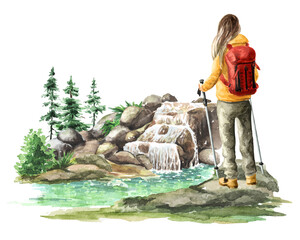Tourist, young woman, with trekking poles in hands, looks towards the forest waterfall. Hand drawn watercolor illustration, isolated on white background