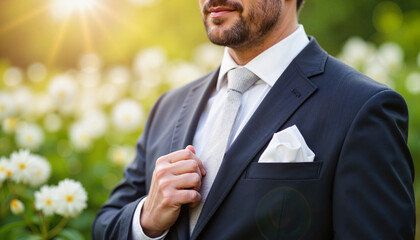 Groom adjusting pocket square in garden, wedding preparation