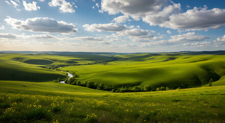 Obraz premium Rolling Green Hills Under a Blue Sky