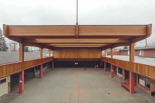 Architectural marvel, covered courtyard with timber structure and pink columns