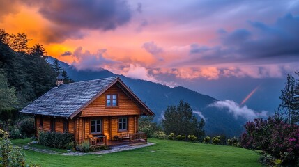 Obraz premium Rustic wooden house nestled in vibrant clouds golden hour light subtle rainbow highlights serene dreamlike wide perspective. - 