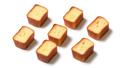 Small, square, golden-brown baked goods, arranged in a grid pattern on a white background.  