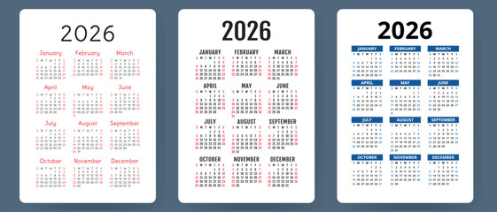Calendar 2026 vector set. Pocket calender collection. Week starts on Sunday. Basic grid template for print