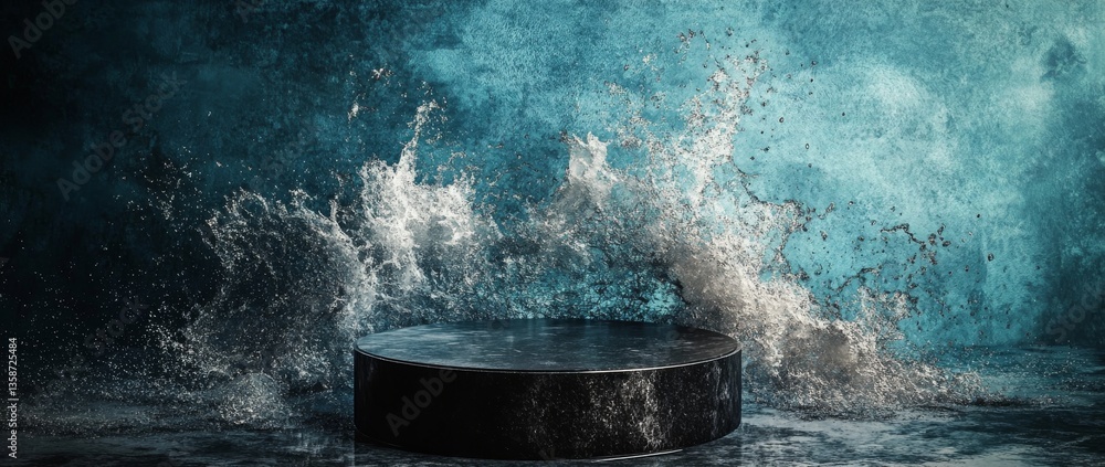 Poster water splashes dramatically around a circular platform against a textured blue background in a creat