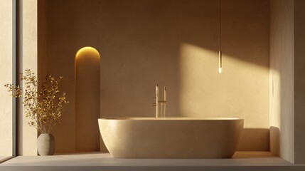 Fototapeta premium Serene and tranquil minimalist bathroom interior with freestanding bathtub modern vanity sink and neutral toned decor
