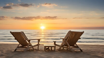 Two empty beach chairs on beach at sunset.generative.ai