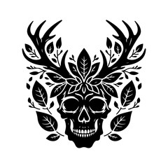 Skull with antlers and leaves