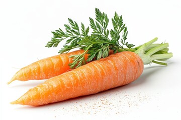 Fresh organic carrots on white background with vibrant green tops and natural texture