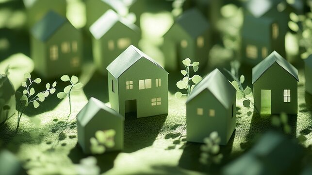 Small green paper house models scattered on a green surface vibrant and symbolic of eco-conscious urban planning and housing concepts. 