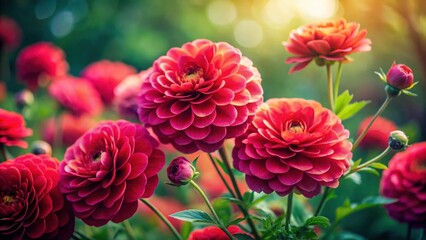 Fototapeta premium Vibrant Crimson Blooms Basking in Golden Sunlight A Close-Up of Exquisite Garden Flowers