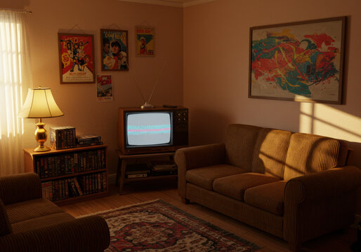 A vintage living room is bathed in soft light, evoking a sense of retro comfort.