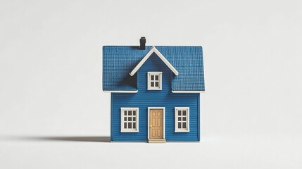 Small-scale blue house model with detailed windows and door clean lines symbolizing property investment real estate on white backdrop.  