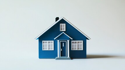 Small-scale blue house model with detailed windows and door clean lines symbolizing property investment real estate on white backdrop.  