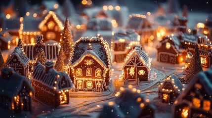 Fototapeta premium Snowy gingerbread village lit with warm golden lights detailed candy accents and a cozy festive atmosphere ideal for the holidays 