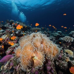 Vibrant Coral Reef Underwater Scene with Colorful Fish and Anemones in Crystal Clear Ocean Water, Showcasing Marine Diversity and Natural Beauty Beneath the Waves