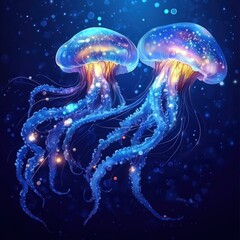 Vibrant Jellyfish Swimming in Ocean Depths with a Mystical Glow Featuring Ethereal Lights and Colorful Tentacles, Perfect for Marine Life Conceptual Art and Illustrations