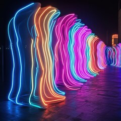 Vibrant Neon Light Installation with Abstract Shapes and Colorful Glows Illuminating a Night Scene in an Urban Environment