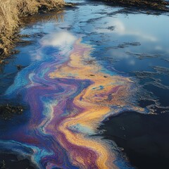 Vibrant Oil Slick Patterns on Water Surface Reflecting Nature&rsquo;s Colorful Palette in a Tranquil Outdoor Environment Near Wetlands at Sunrise or Sunset