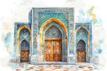 Obraz premium Watercolor painting of a calm mosque entrance with colorful mosaic tiles and a grand wooden door. The soft light enhances the intricate designs, on isolated white background