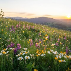 Vibrant Spring Meadow with Wildflowers at Sunset Illuminating Rolling Hills and a Peaceful Landscape in a Serene Natural Environment