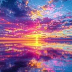 Vibrant Sunset Over Still Water with Colorful Reflections and Dramatic Cloud Patterns in a Serene Landscape