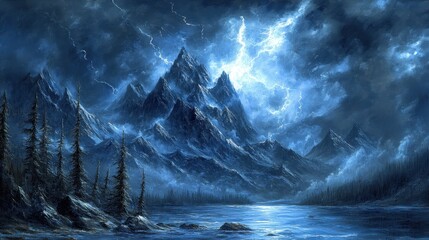 Stormy Mountain Lake Landscape