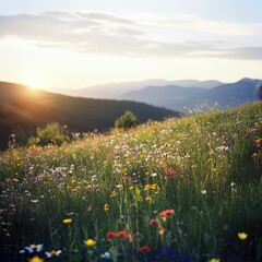 Vibrant Wildflower Meadow Under Sunset Sky with Warm Hues and Scenic Landscape in Nature, Ideal for Tranquil Outdoor Photography and Peaceful Moments