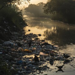 Waste Management Challenge: River Pollution with Plastic Debris and Wildlife at Sunrise, Highlighting Environmental Issues and Urgency for Action