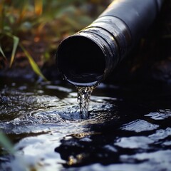 Water Flow from Pipe into Calm Surface of Pond Surrounded by Greenery, Capturing Nature's Refreshing Essence in a Tranquil Setting
