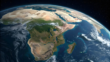 A blue 3D globe of Earth floats in black space, illuminated by the sun, showing continents and oceans