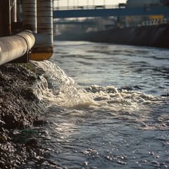 Water Pollution from Industrial Pipe Flowing into River, Environmental Impact on Ecosystems and Future Generations, Need for Sustainable Practices and Solutions