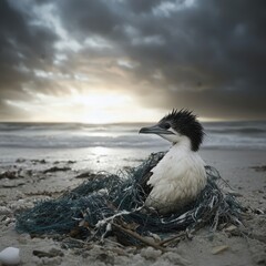 Young seabird perched on a tangle of fishing net debris against a dramatic cloudy seascape, highlighting environmental challenges and wildlife resilience.