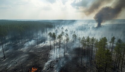 Aerial View of Wildfire in Forest, Smoke and Burning Trees