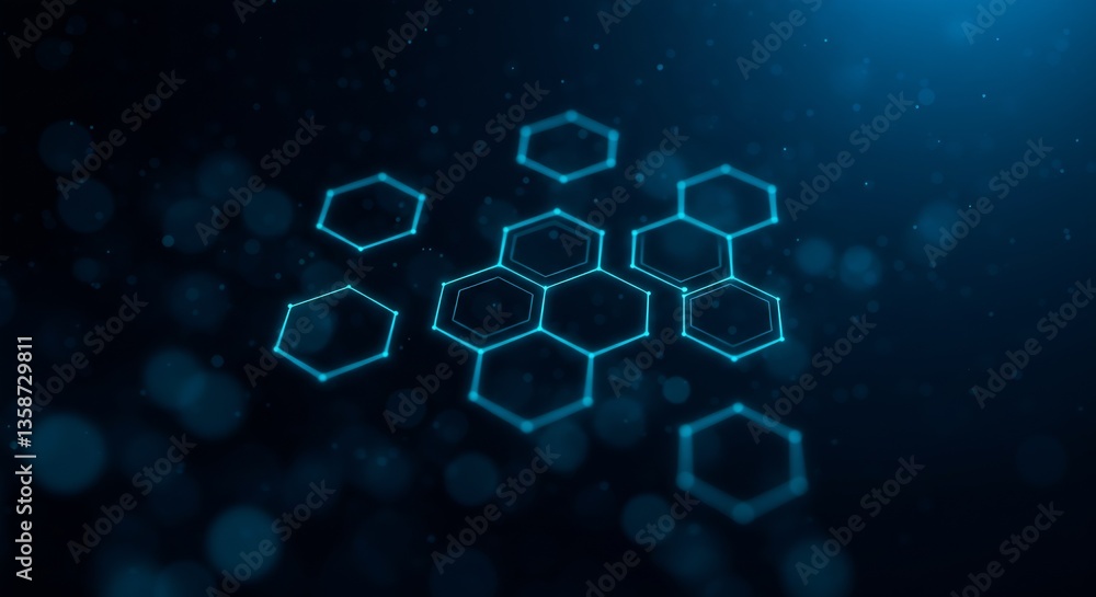 Poster abstract futuristic technology background with glowing blue hexagon network and bokeh lights