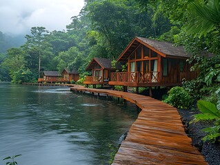 Fototapeta premium Tranquil River Landscape with Modern Architecture