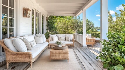 Stylish veranda with natural wood flooring white paint chic sofa pillows cozy lounge Cape Cod-inspired luxury outdoor living.  